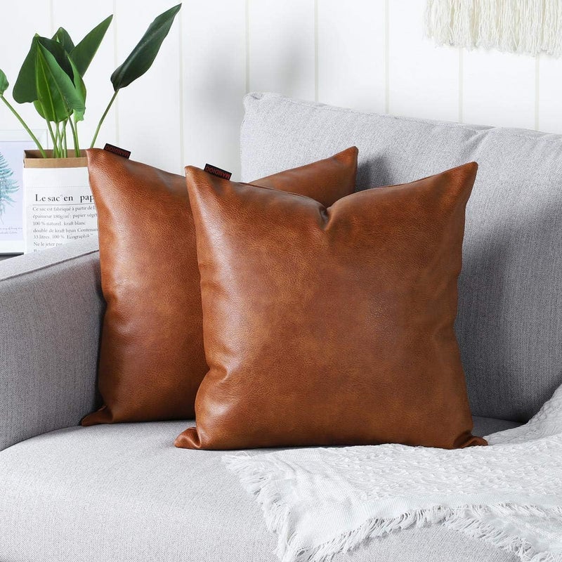 MANDIOO Set of 2 Faux Leather Decorative Throw Pillow Covers Modern Solid Outdoor Cushion Cases Luxury Pillowcases for Couch Sofa Bed 18x18 Inches Brown - Image 1